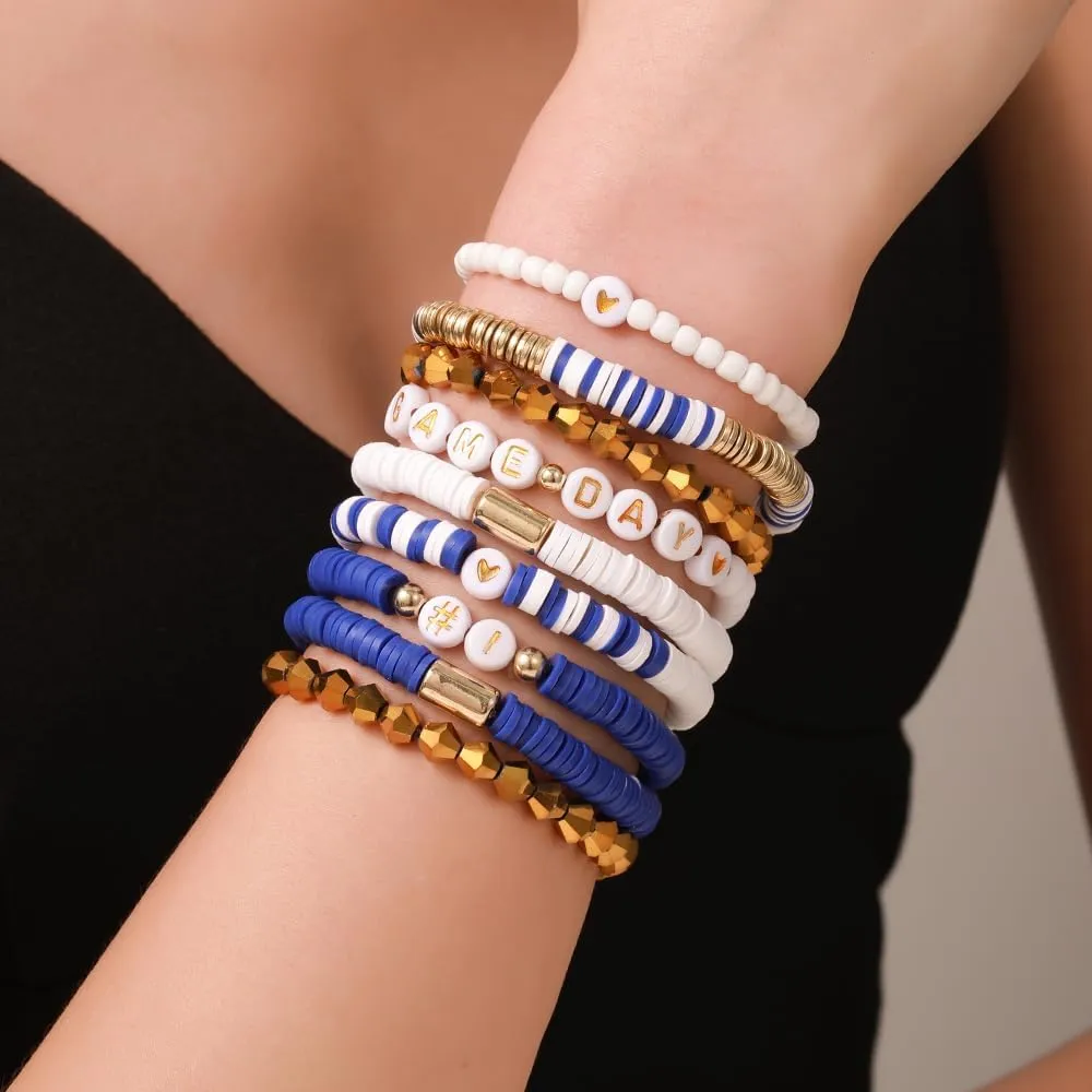 Game Day Bracelets for Women Football Party Favors Bracelets Heishi Clay Beaded Stretch Friendship Bracelets for Women Stackable Sports Football Mom Accessories Outfits Preppy Jewelry Gifts