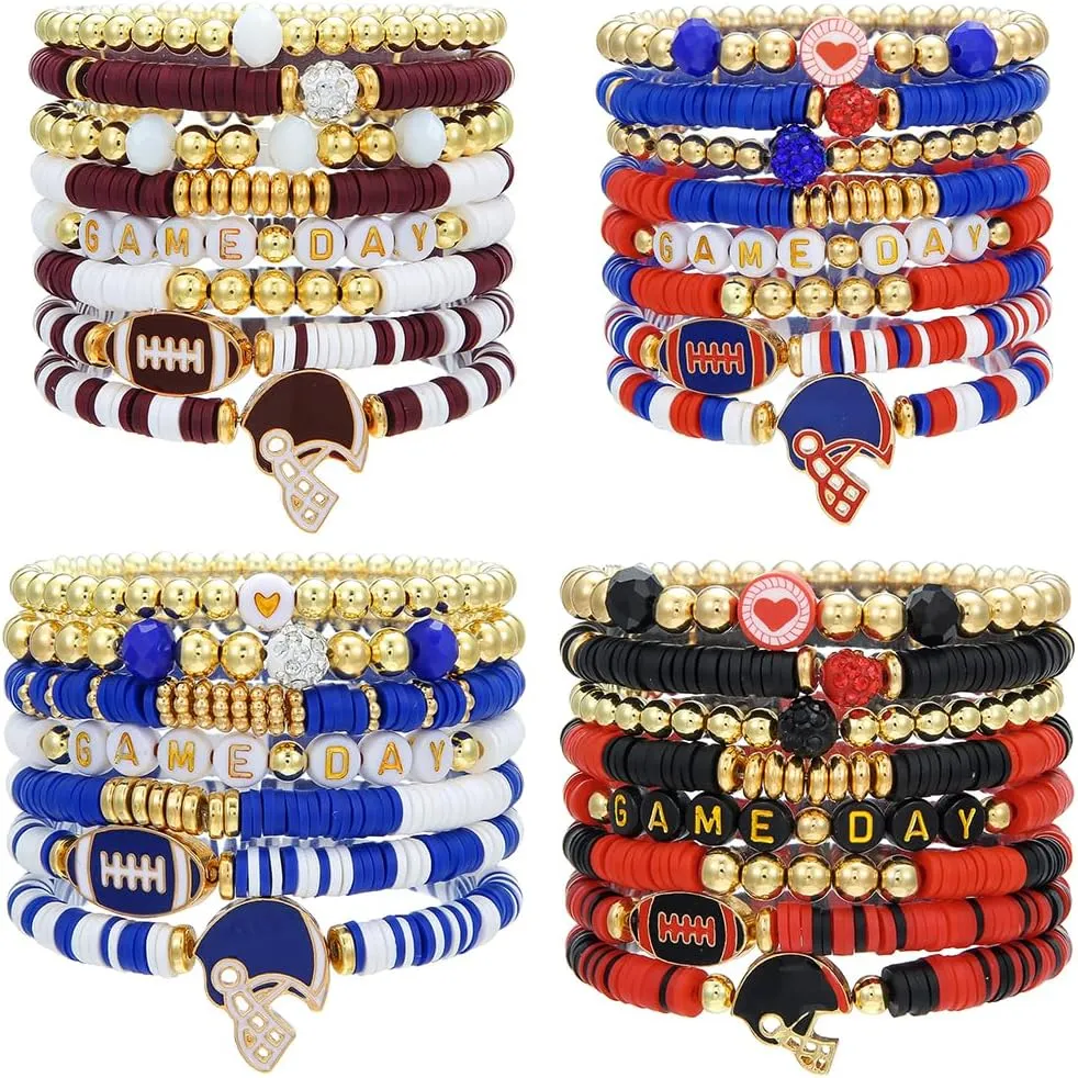 Game Day Bracelets for Women Football Party Favors Bracelets Heishi Clay Beaded Stretch Friendship Bracelets for Women Stackable Sports Football Mom Accessories Outfits Preppy Jewelry Gifts