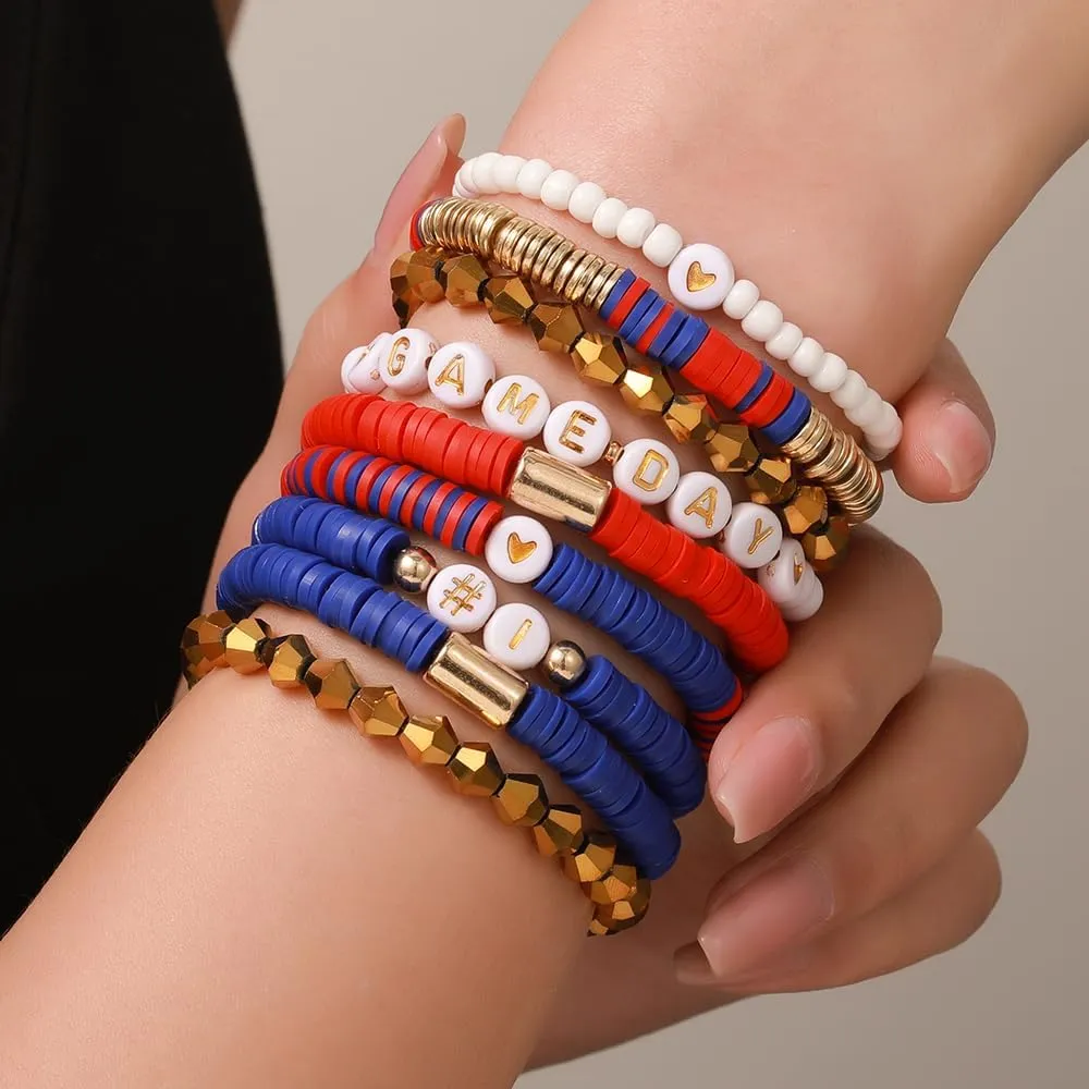 Game Day Bracelets for Women Football Party Favors Bracelets Heishi Clay Beaded Stretch Friendship Bracelets for Women Stackable Sports Football Mom Accessories Outfits Preppy Jewelry Gifts