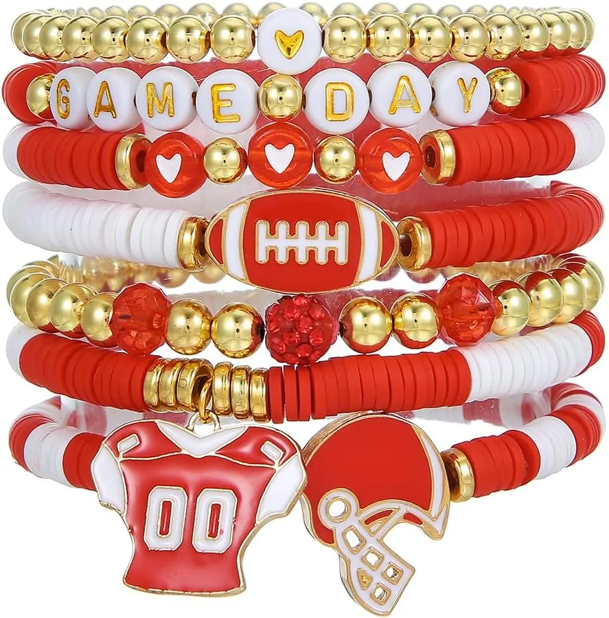Game Day Bracelets for Women Football Party Favors Bracelets Heishi Clay Beaded Stretch Friendship Bracelets for Women Stackable Sports Football Mom Accessories Outfits Preppy Jewelry Gifts
