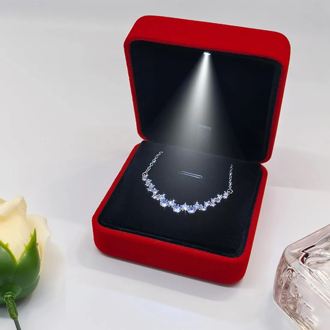 GBYAN Pendant Necklace Box with LED Light, Necklace Gift Box Velvet Jewelry Display Case for Proposal Engagement Wedding and Birthday,Red