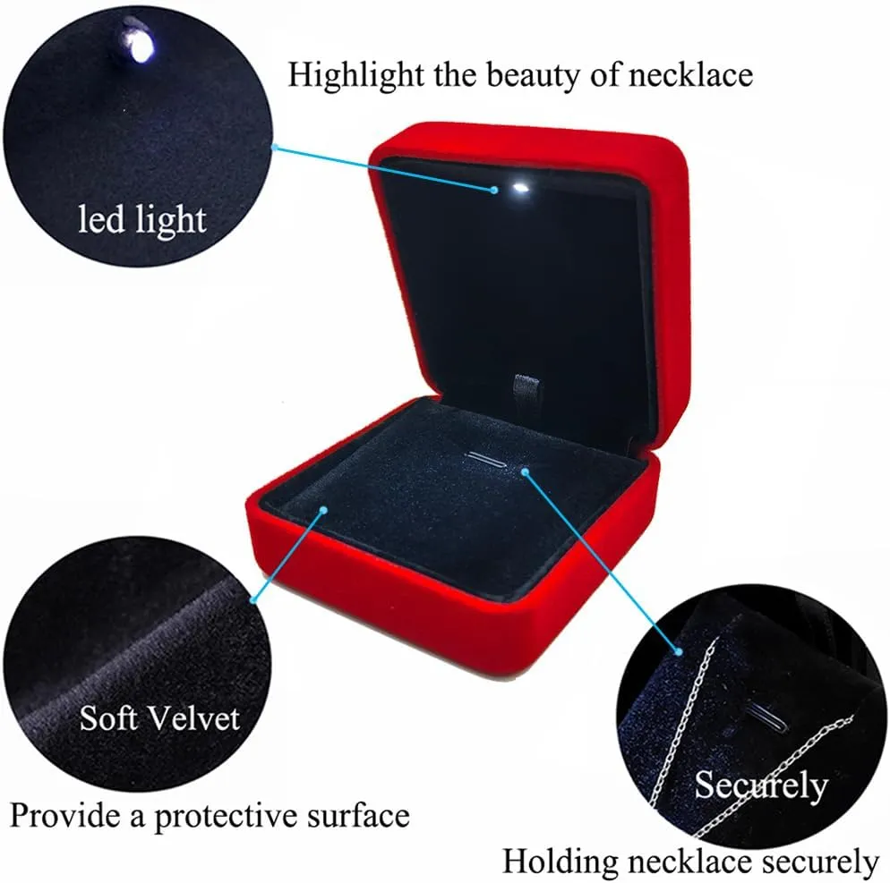 GBYAN Pendant Necklace Box with LED Light, Necklace Gift Box Velvet Jewelry Display Case for Proposal Engagement Wedding and Birthday,Red