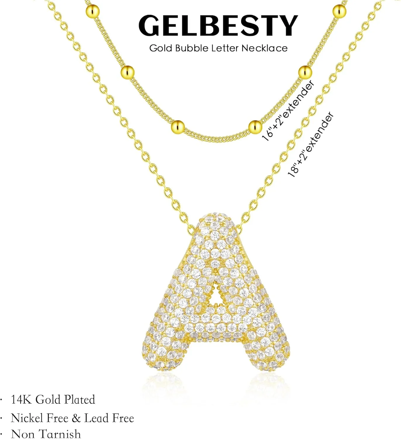 gelbesty Gold Bubble Letter Necklaces for Women,Initial Layered 14K Gold Plated Dainty Balloon Choker Necklace,Trendy Cute Chunky Cubic Zirconia Alphabet 26 A-Z Pendant Jewelry Gifts for Women