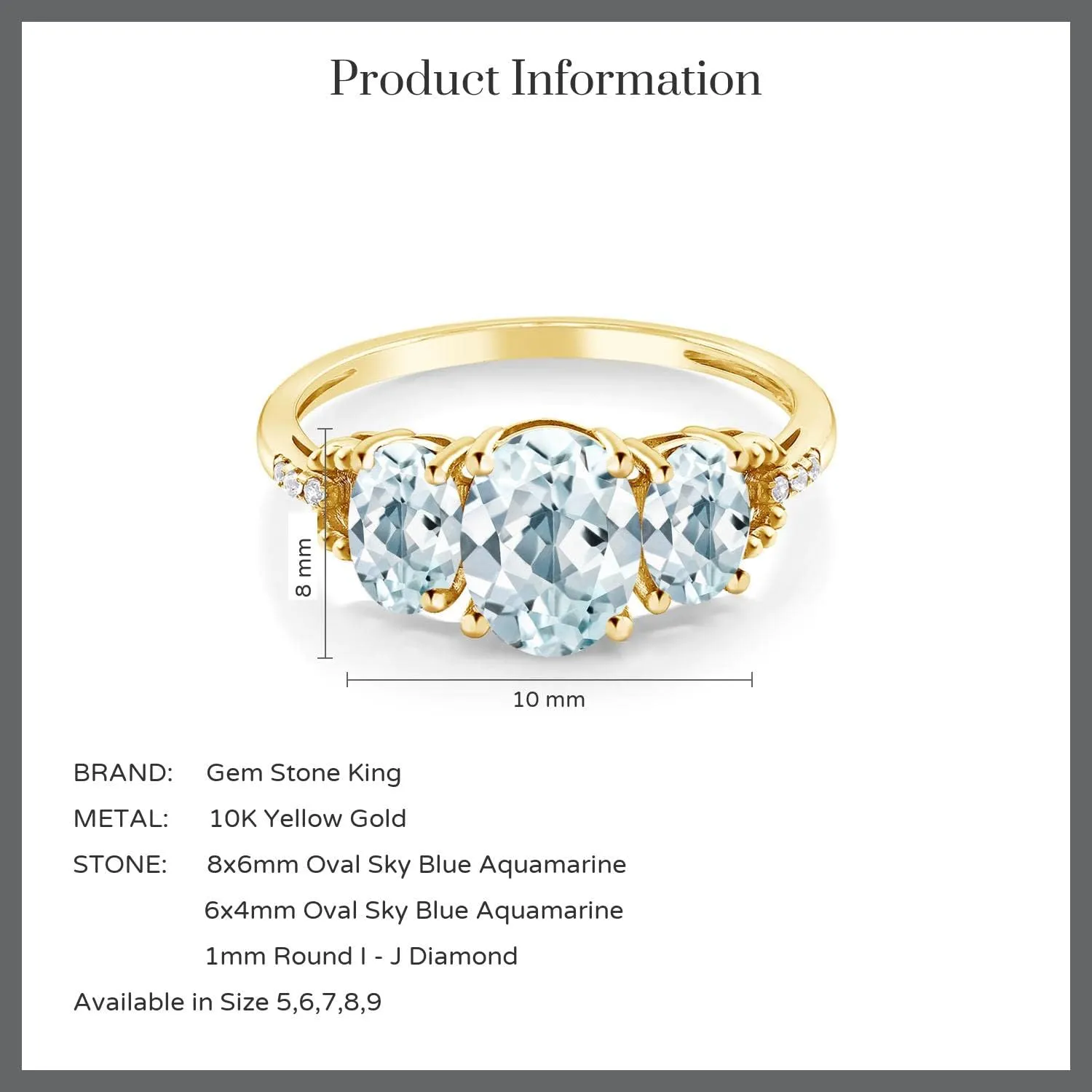 Gem Stone King 10K Yellow Gold Sky Blue Aquamarine and White Diamond 3-Stone Engagement Ring For Women | 2.24 Cttw | 3 Stone Wedding Anniversary Promise Ring For Women