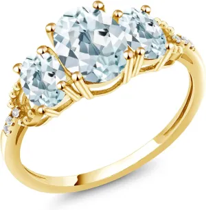 Gem Stone King 10K Yellow Gold Sky Blue Aquamarine and White Diamond 3-Stone Engagement Ring For Women | 2.24 Cttw | 3 Stone Wedding Anniversary Promise Ring For Women