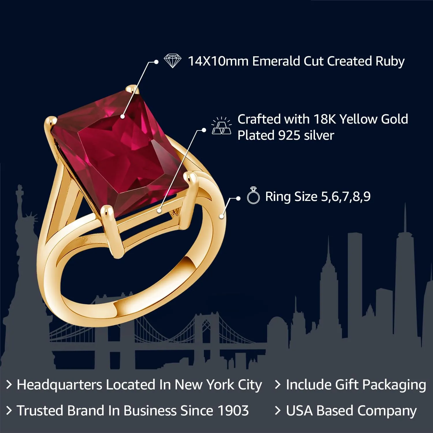 Gem Stone King 14X10MM Emerald Cut Gemstone Birthstone Solitaire Engagement Ring For Women | 18K Yellow Gold Plated Silver | Wedding Anniversary Ring For Women | Available In Size 5, 6, 7, 8, 9