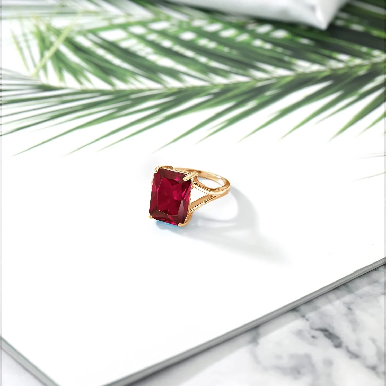 Gem Stone King 14X10MM Emerald Cut Gemstone Birthstone Solitaire Engagement Ring For Women | 18K Yellow Gold Plated Silver | Wedding Anniversary Ring For Women | Available In Size 5, 6, 7, 8, 9