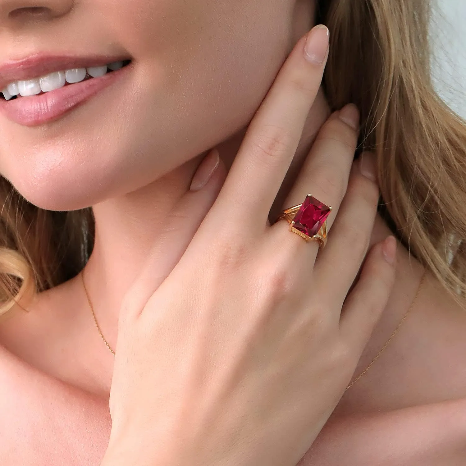 Gem Stone King 14X10MM Emerald Cut Gemstone Birthstone Solitaire Engagement Ring For Women | 18K Yellow Gold Plated Silver | Wedding Anniversary Ring For Women | Available In Size 5, 6, 7, 8, 9