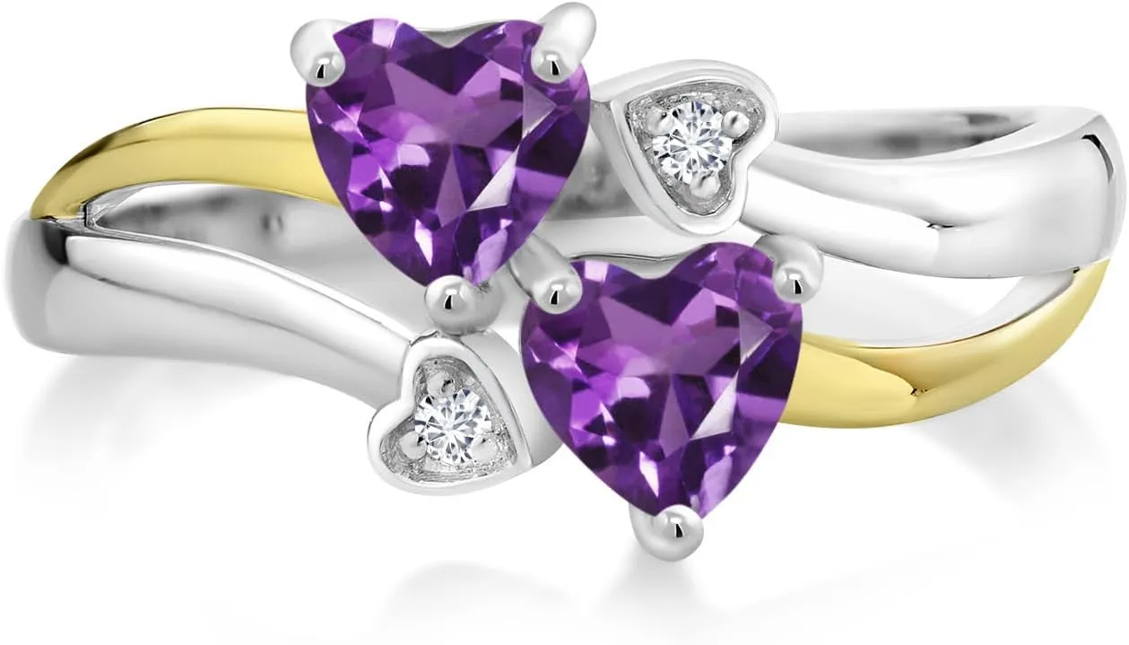 Gem Stone King 925 Silver and 10K Yellow Gold Purple Amethyst and White Lab Grown Diamond Ring For Women (0.86 Cttw, February Birthstone, Heart Shape 5MM, Available in Size 5,6,7,8,9)