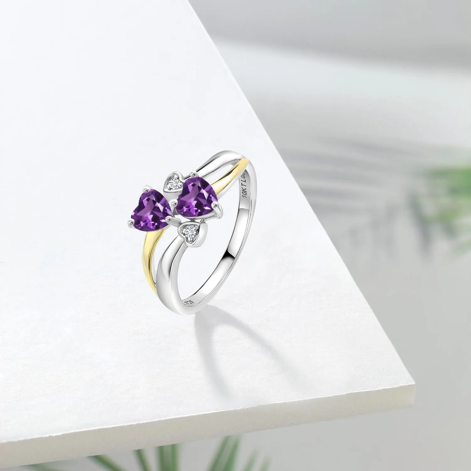 Gem Stone King 925 Silver and 10K Yellow Gold Purple Amethyst and White Lab Grown Diamond Ring For Women (0.86 Cttw, February Birthstone, Heart Shape 5MM, Available in Size 5,6,7,8,9)