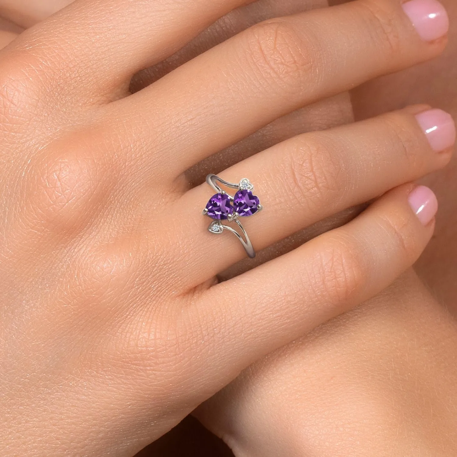 Gem Stone King 925 Sterling Silver Double Heart Promise Ring for Women | 6MM Gemstone Birthstone with 1.5MM White Diamond Accents | 2-Stone Fine Jewelry for Engagement Wedding Anniversary | Size 5-9