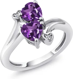 Gem Stone King 925 Sterling Silver Double Heart Promise Ring for Women | 6MM Gemstone Birthstone with 1.5MM White Diamond Accents | 2-Stone Fine Jewelry for Engagement Wedding Anniversary | Size 5-9