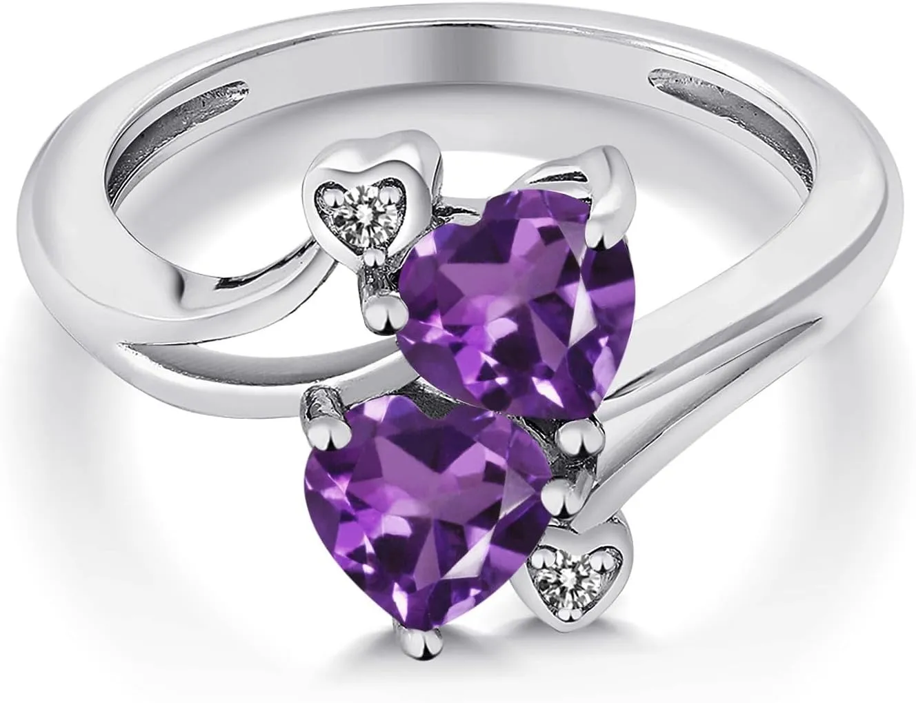 Gem Stone King 925 Sterling Silver Double Heart Promise Ring for Women | 6MM Gemstone Birthstone with 1.5MM White Diamond Accents | 2-Stone Fine Jewelry for Engagement Wedding Anniversary | Size 5-9