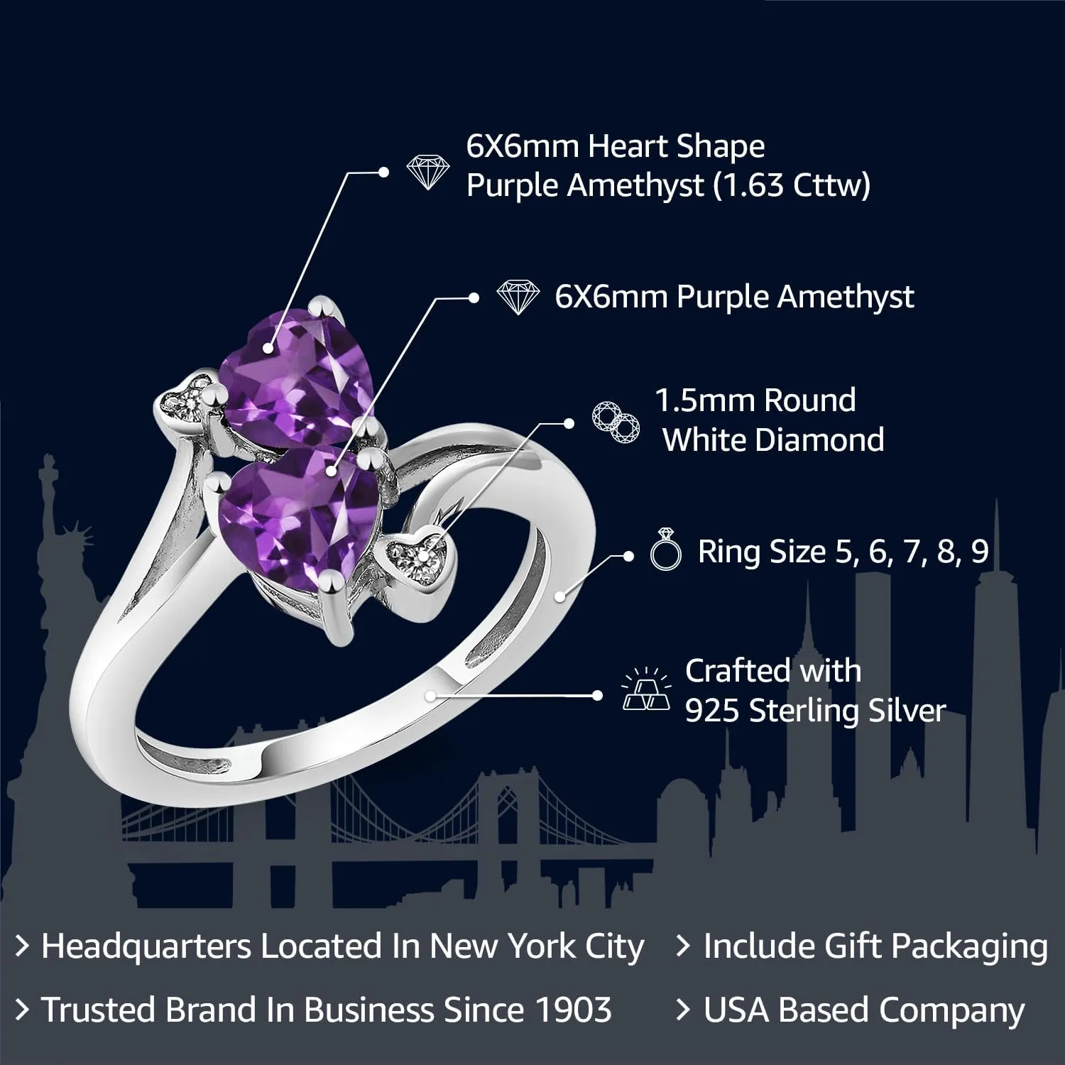 Gem Stone King 925 Sterling Silver Double Heart Promise Ring for Women | 6MM Gemstone Birthstone with 1.5MM White Diamond Accents | 2-Stone Fine Jewelry for Engagement Wedding Anniversary | Size 5-9