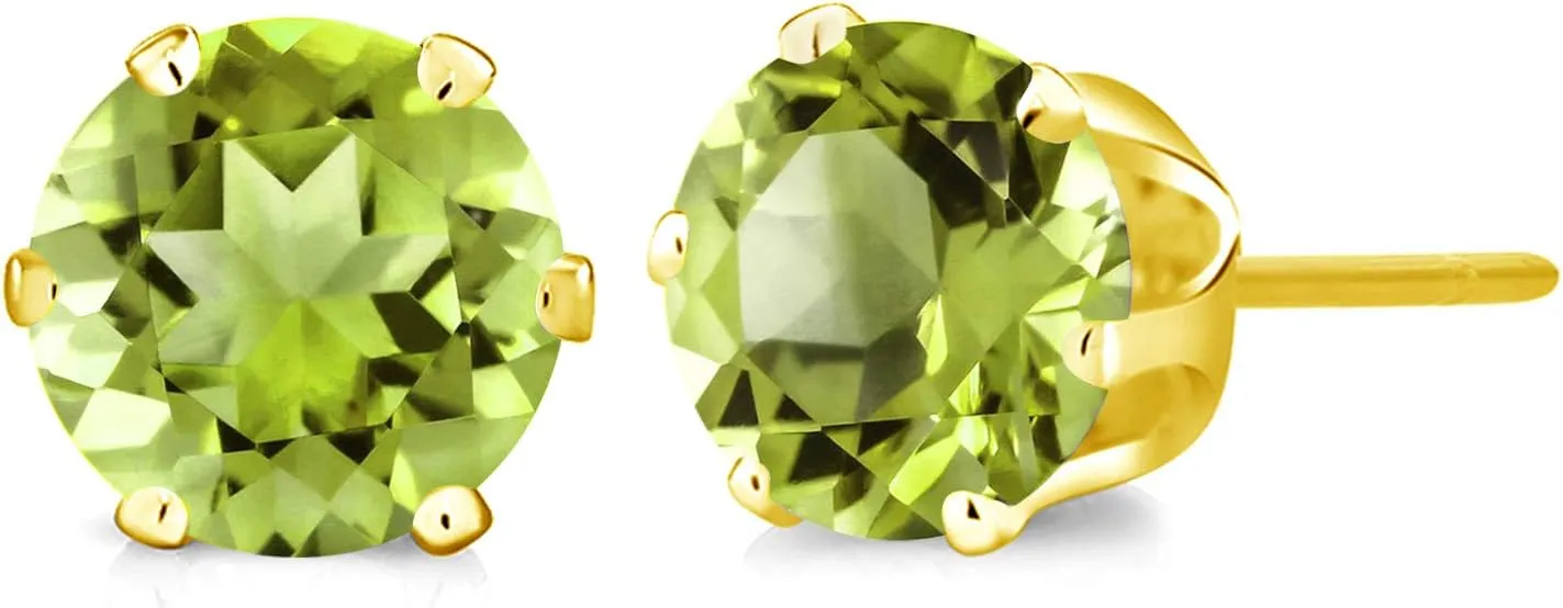 Gem Stone King Natural Green Peridot Earrings | Round 6MM | 1.60 Cttw | Gemstone Birthstone | Yellow Gold Plated Stud Earrings For Women Men