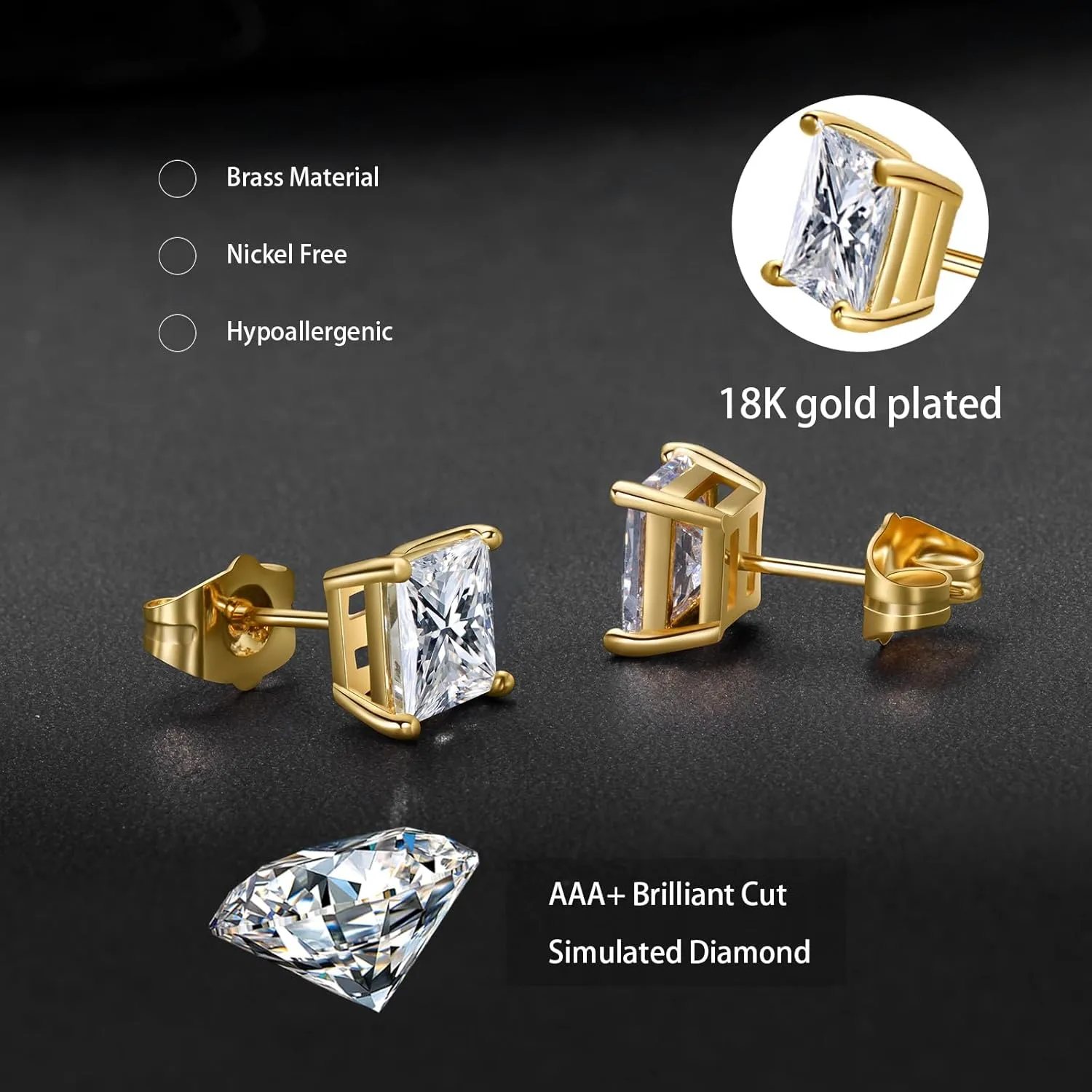 Gemsme 5 Pairs Princess Cut Cubic Zirconia Stud Earrings for Women/Men - 18K Gold Plated Hypoallergenic 3-7mm Square Clear CZ Earring Set