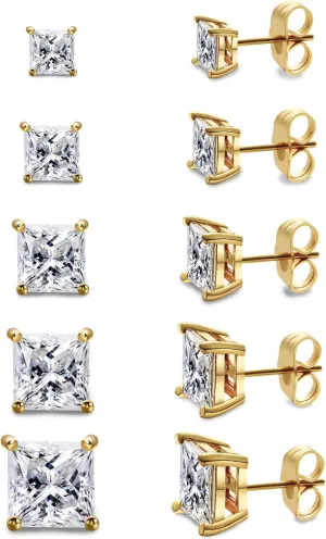 Gemsme 5 Pairs Princess Cut Cubic Zirconia Stud Earrings for Women/Men - 18K Gold Plated Hypoallergenic 3-7mm Square Clear CZ Earring Set