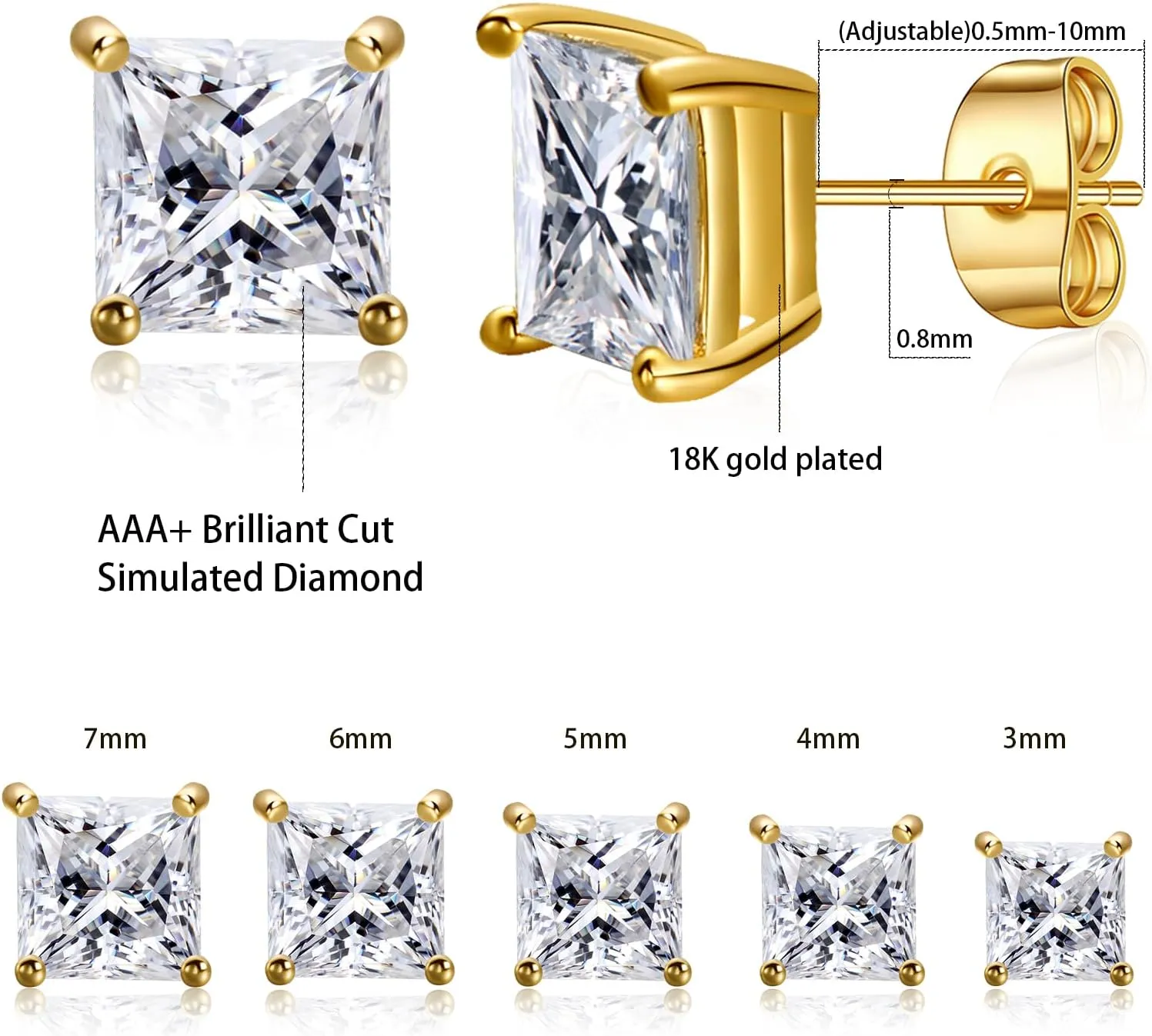 Gemsme 5 Pairs Princess Cut Cubic Zirconia Stud Earrings for Women/Men - 18K Gold Plated Hypoallergenic 3-7mm Square Clear CZ Earring Set