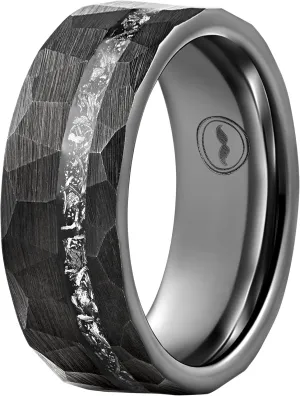 Gentlemen's Bands Black Tungsten Men's Wedding Band with Hammered Design & Real Meteorite Inlay-8mm | Black Engagement/Wedding Ring for Men | Includes Silicone Band, Leather Pouch & Luxury Walnut Box