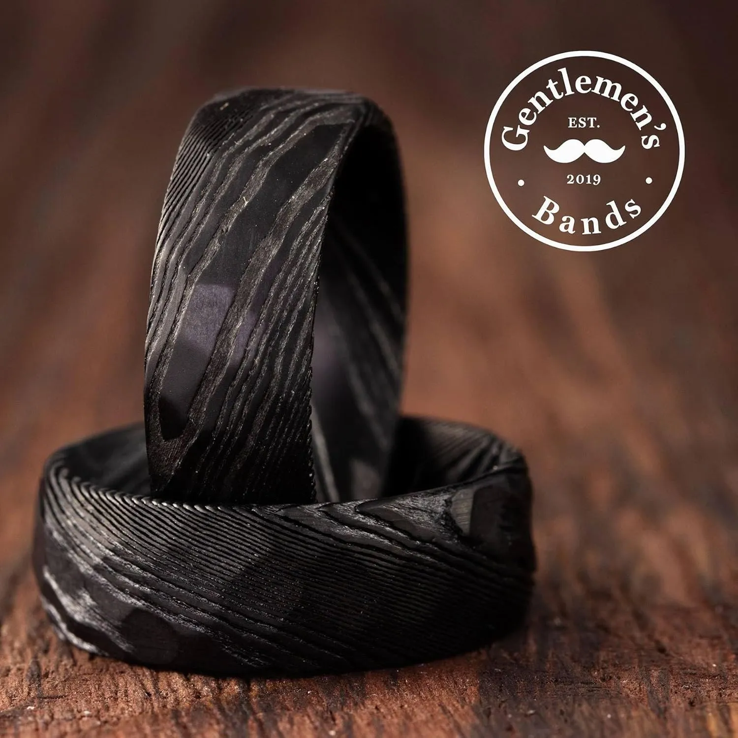 Gentlemen's Bands Men's Premium Black Damascus Steel Wedding Band with Layered Damascus Design | Wedding Ring Is Ideal Gift | Package Includes Silicon Band, Walnut Box, Leather Pouch