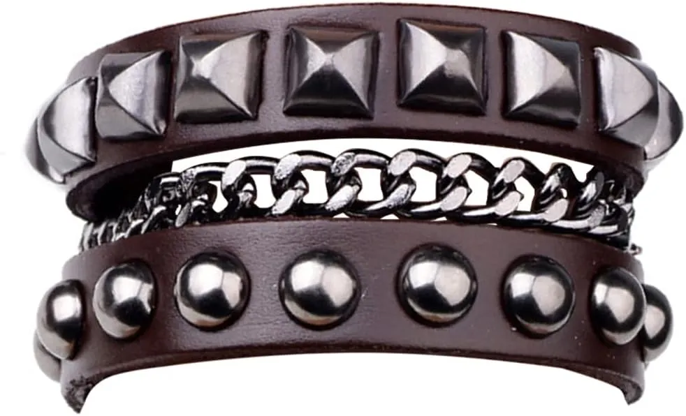 Genuine Leather Cuff Punk Metal Rock Bracelets Men Women, Metal Emo Chain Bracelets Wristbands Adjustable Wrap