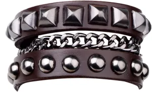 Genuine Leather Cuff Punk Metal Rock Bracelets Men Women, Metal Emo Chain Bracelets Wristbands Adjustable Wrap