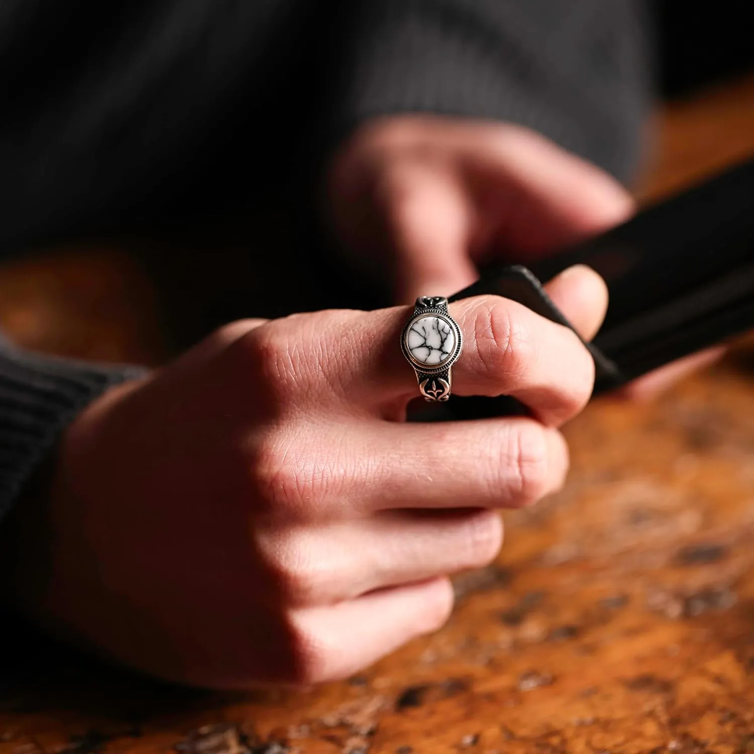 Genuine Solid 925 Sterling Silver Black Onyx Stone, Anatolian Motif Ring for Men