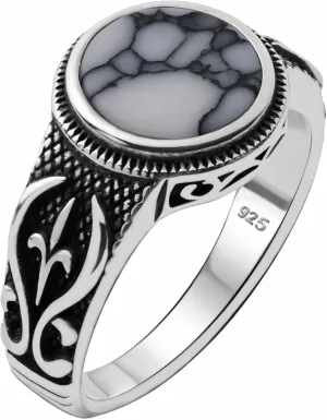 Genuine Solid 925 Sterling Silver Black Onyx Stone, Anatolian Motif Ring for Men