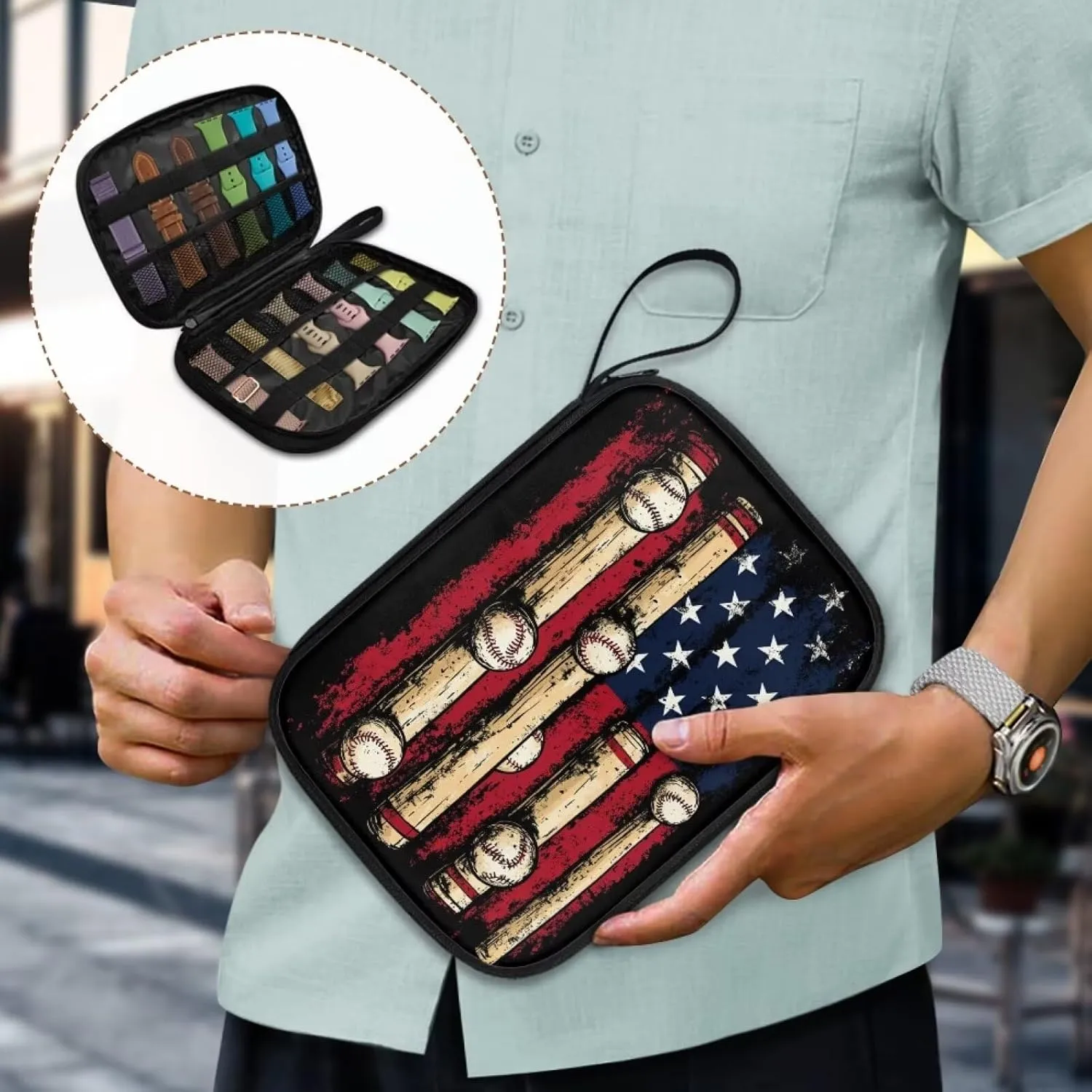 GIFTPUZZ Baseball American Flag Watch Band Holder Stores 12 Watch Bands Fit for The Most Sizes of Watch Straps Polyester Organizer Bags Only