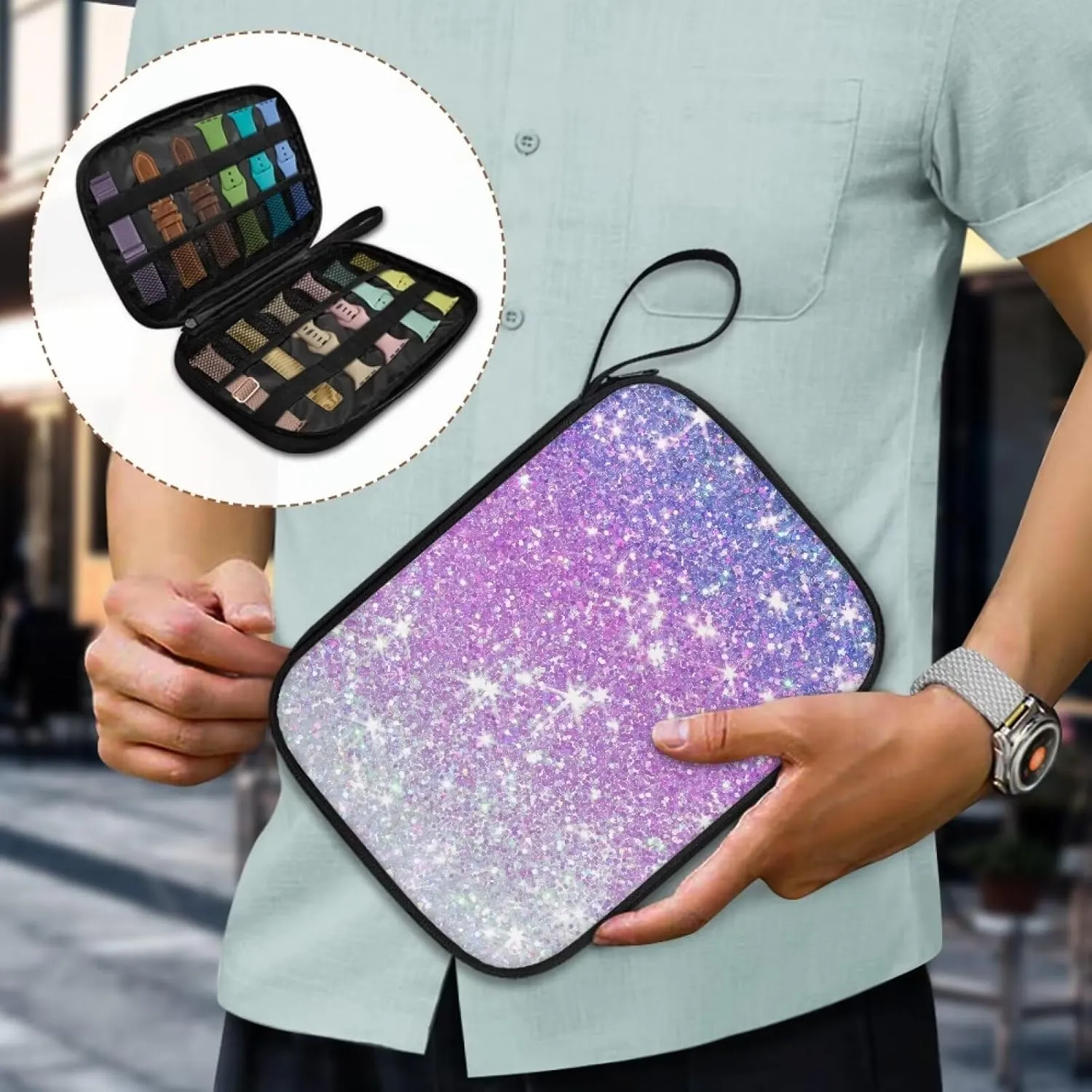 GIFTPUZZ Bling Purple Organizer for Watch Bands Holds, Watch Straps Holder Carrying Case, Watch Straps Holder Carrying Case