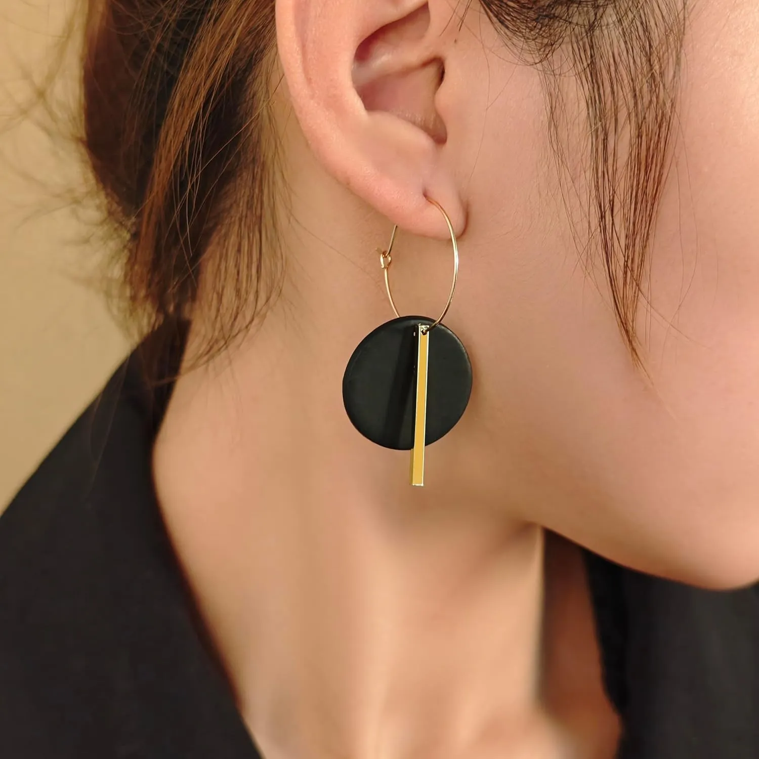 GLUBU Hoop Earrings for Women Dangle Earrings With Gold Hoop Lightweight Black Brown Pink Dangle Earrings Handmade Polymer Clay Earrings Hypoallergenic Earring for Women