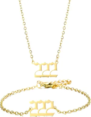 Gold Angel Number Necklace Bracelets for Women, 111 222 333 444 555 666 777 888 999 Dainty Pendants Necklace Bracelets Personalized Number Chain Necklace Bracelets set