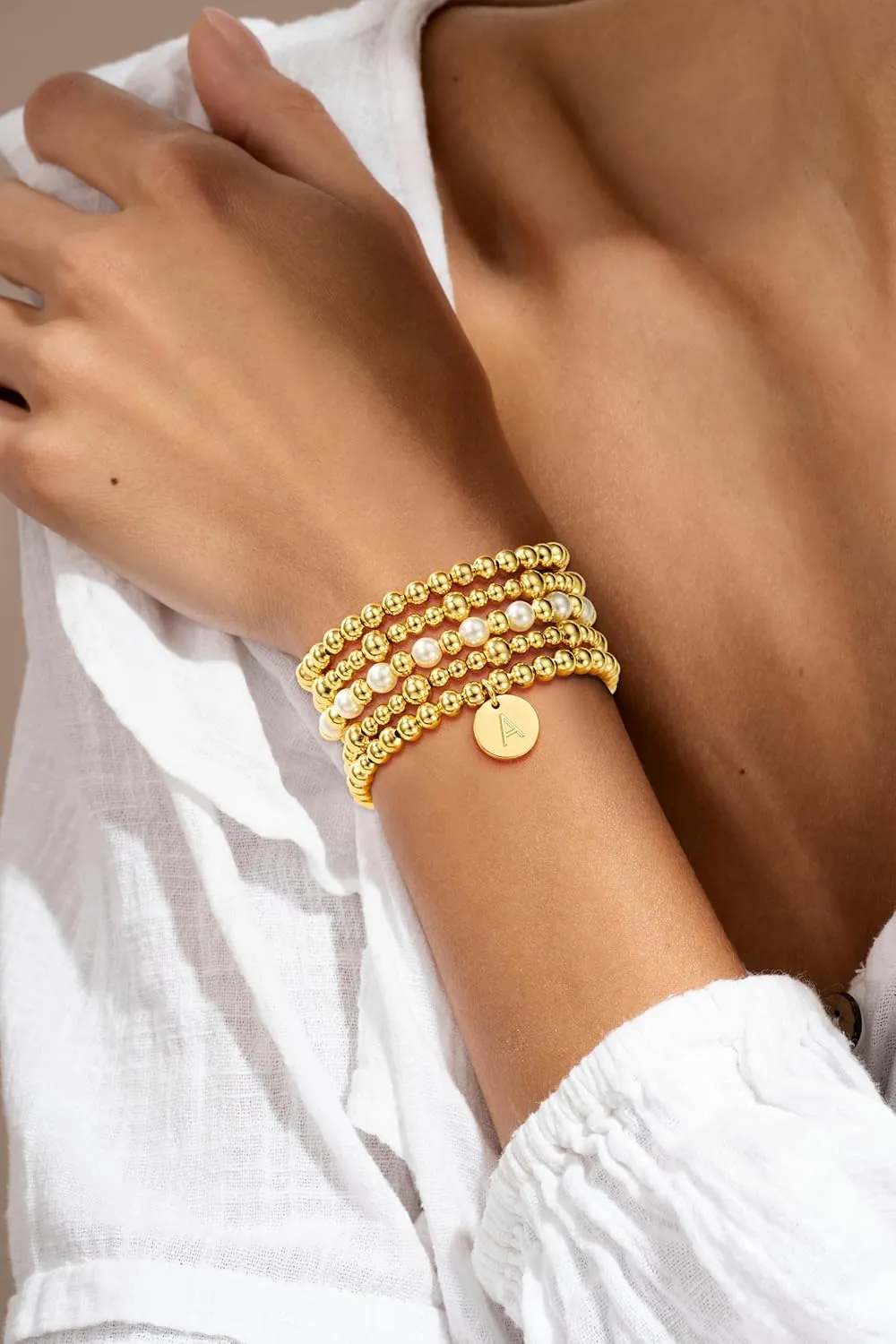 Gold Beaded Bracelet for Women Initial A-Z 18K Gold Plated Stack Pearl Beaded Bracelet Sets Stretch Bead Ball Bangle with Letter Jewelry Gifts