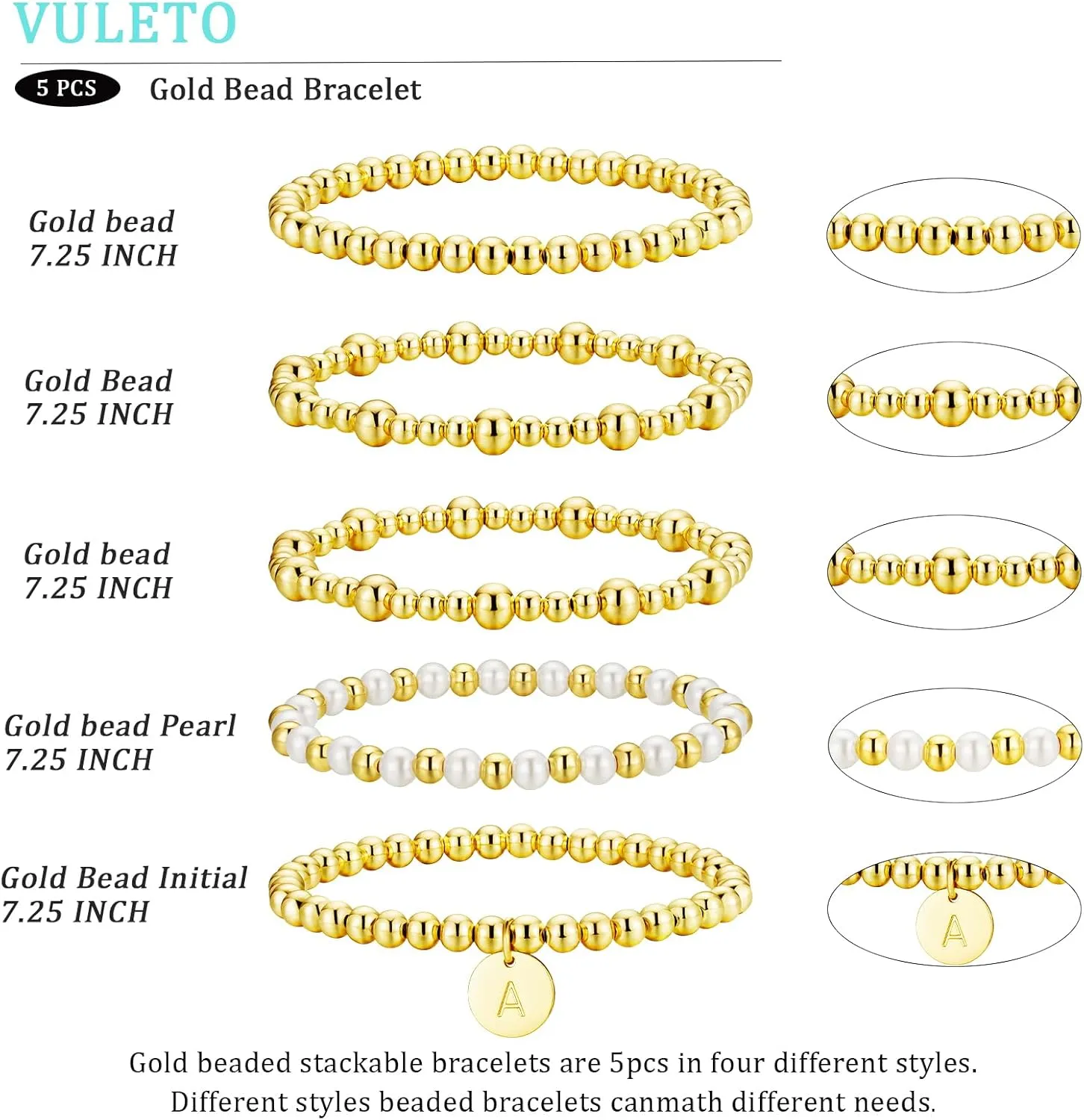 Gold Beaded Bracelet for Women Initial A-Z 18K Gold Plated Stack Pearl Beaded Bracelet Sets Stretch Bead Ball Bangle with Letter Jewelry Gifts
