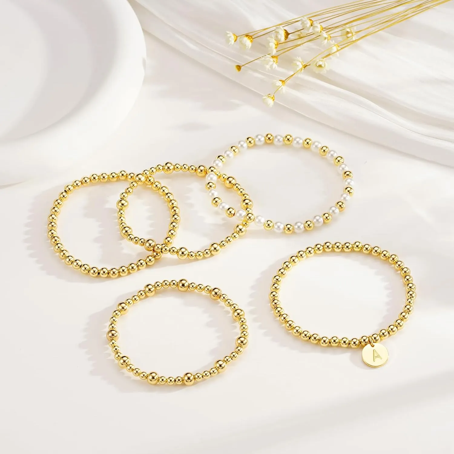 Gold Beaded Bracelet for Women Initial A-Z 18K Gold Plated Stack Pearl Beaded Bracelet Sets Stretch Bead Ball Bangle with Letter Jewelry Gifts