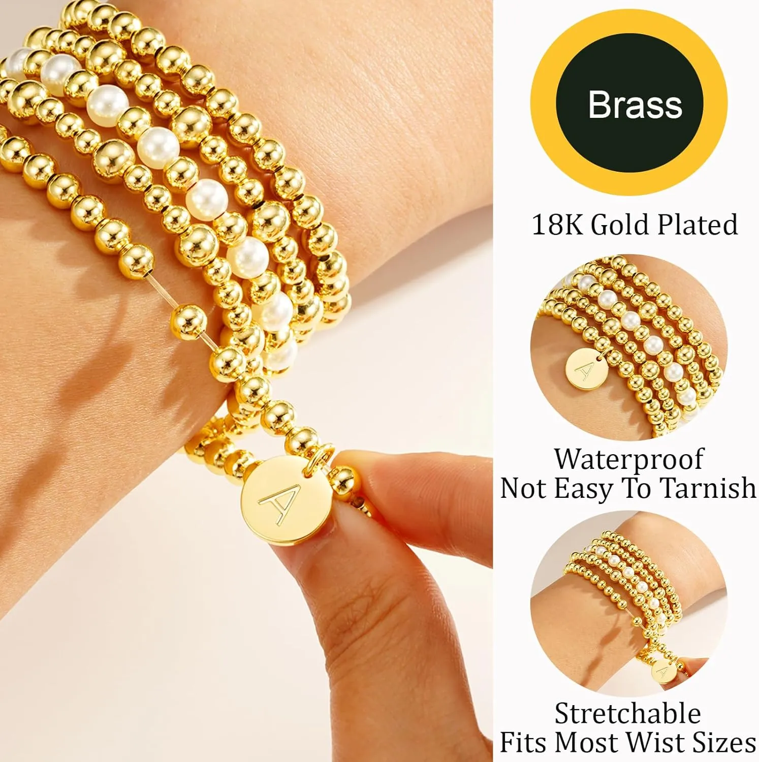 Gold Beaded Bracelet for Women Initial A-Z 18K Gold Plated Stack Pearl Beaded Bracelet Sets Stretch Bead Ball Bangle with Letter Jewelry Gifts