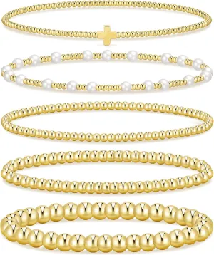 Gold Beaded Bracelets for Women, 14K Real Gold Plated Jewelry for Women Dainty Pearl Bead Bracelets Stack, Non Tarnish Trendy Stackable Ball Cross Stretch Bracelet Set Fashion Accessories Gifts for Women
