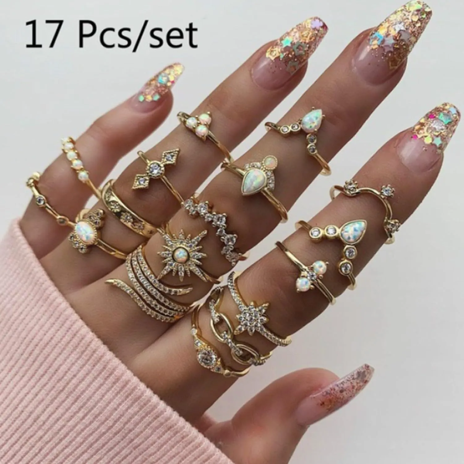 Gold Boho Vintage Knuckle Rings Set for Women,Dainty Rhinestone Stackable Midi Joint Finger Rings Fashion Hollow Heart Butterfly Leaf Rings Pack Jewelry Gifts