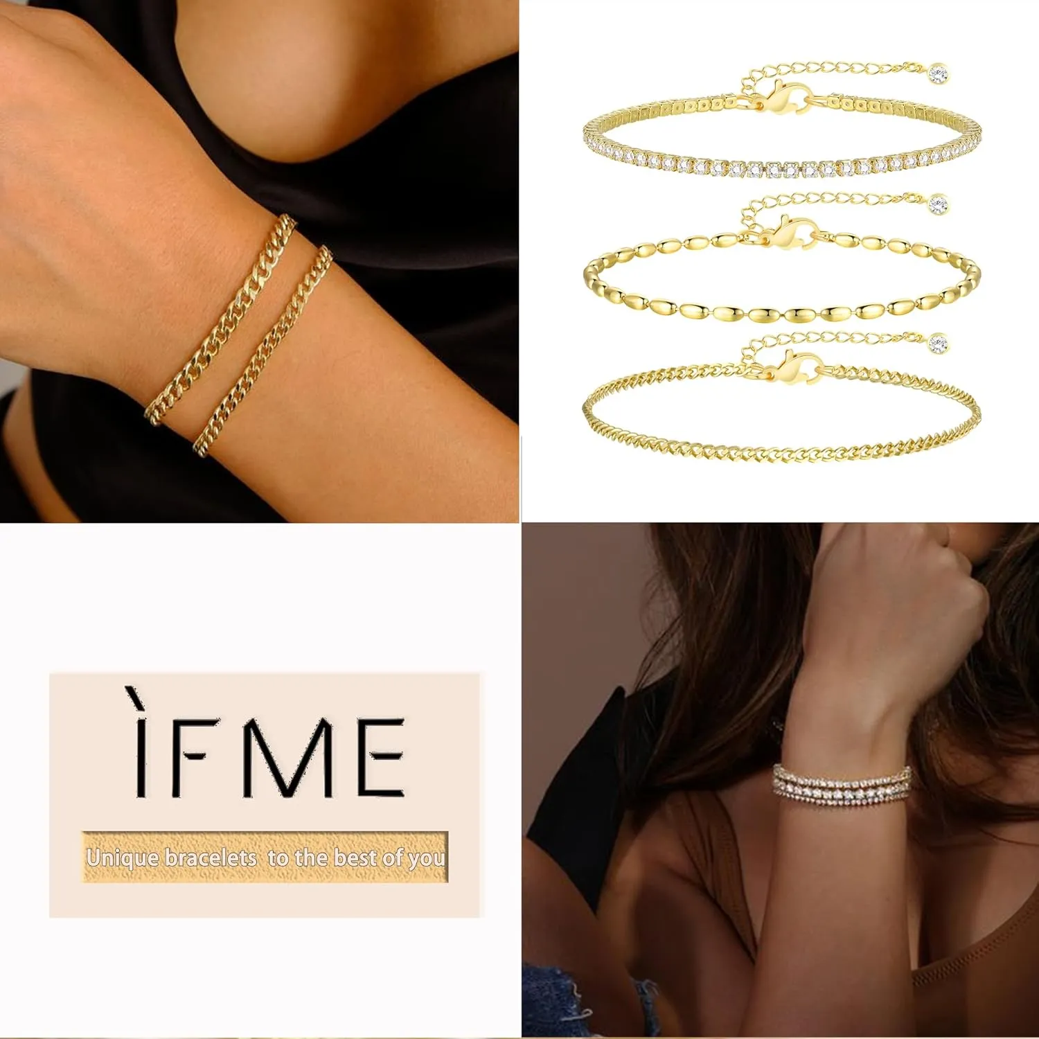 Gold Bracelets for Women, 14K Gold Plated Link Cubic Zirconia Classic Tennis Bracelet, Cuban Chain Dainty Bracelet Pack Jewelry for Women