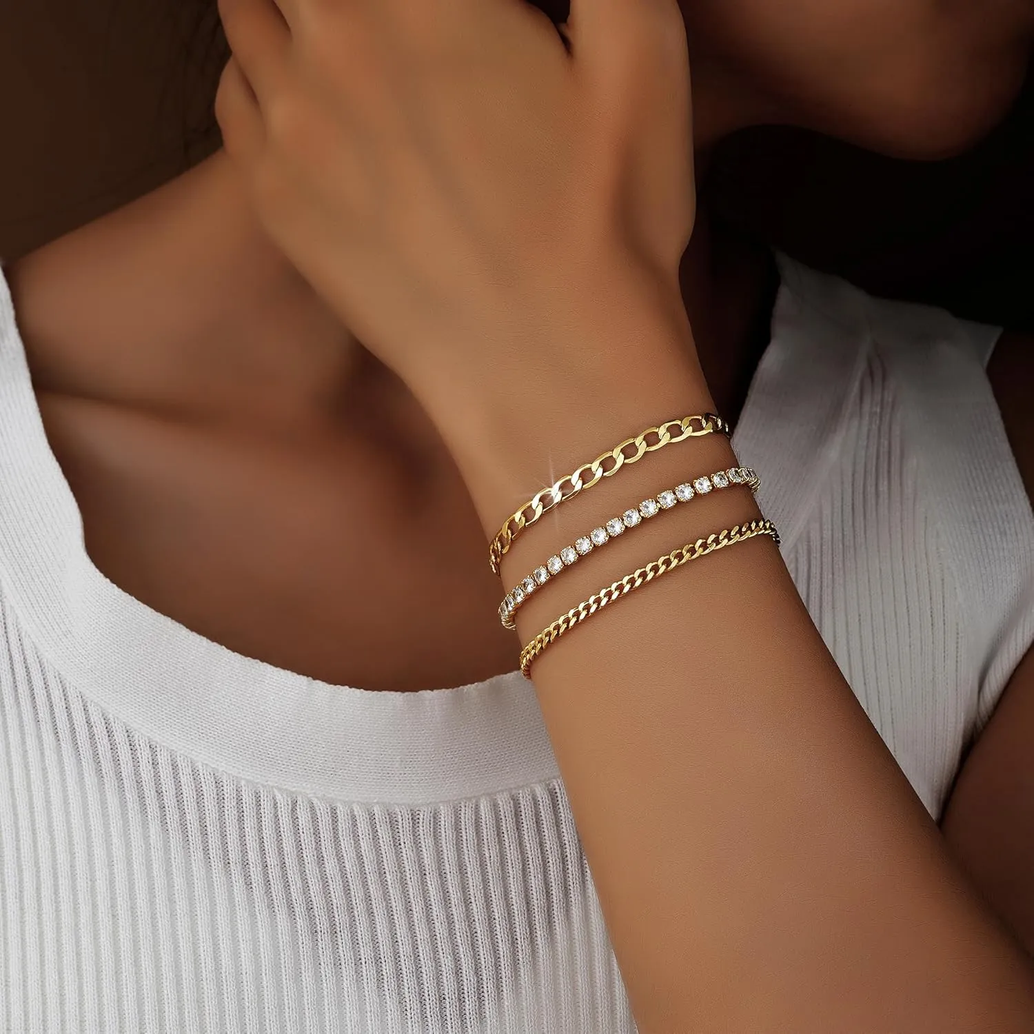 Gold Bracelets for Women, 14K Gold Plated Link Cubic Zirconia Classic Tennis Bracelet, Cuban Chain Dainty Bracelet Pack Jewelry for Women