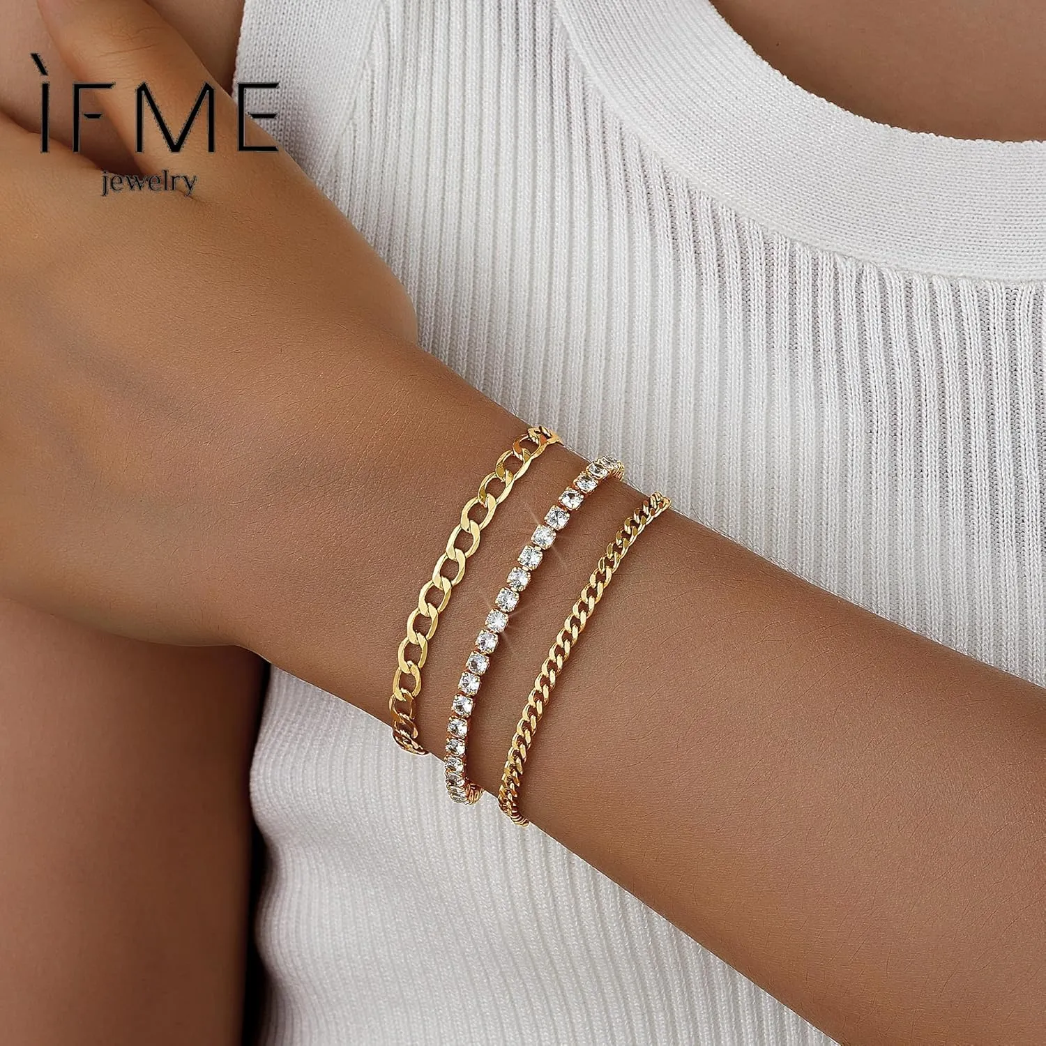 Gold Bracelets for Women, 14K Gold Plated Link Cubic Zirconia Classic Tennis Bracelet, Cuban Chain Dainty Bracelet Pack Jewelry for Women