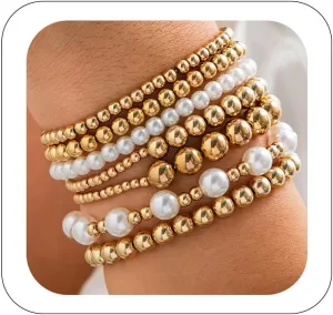 Gold Bracelets for Women Stretch Bead Ball Bracelet Set Stack Strand Beaded Bracelet Non Tarnish Stackable Pearl Ball Bracelets for Women Trendy Gift