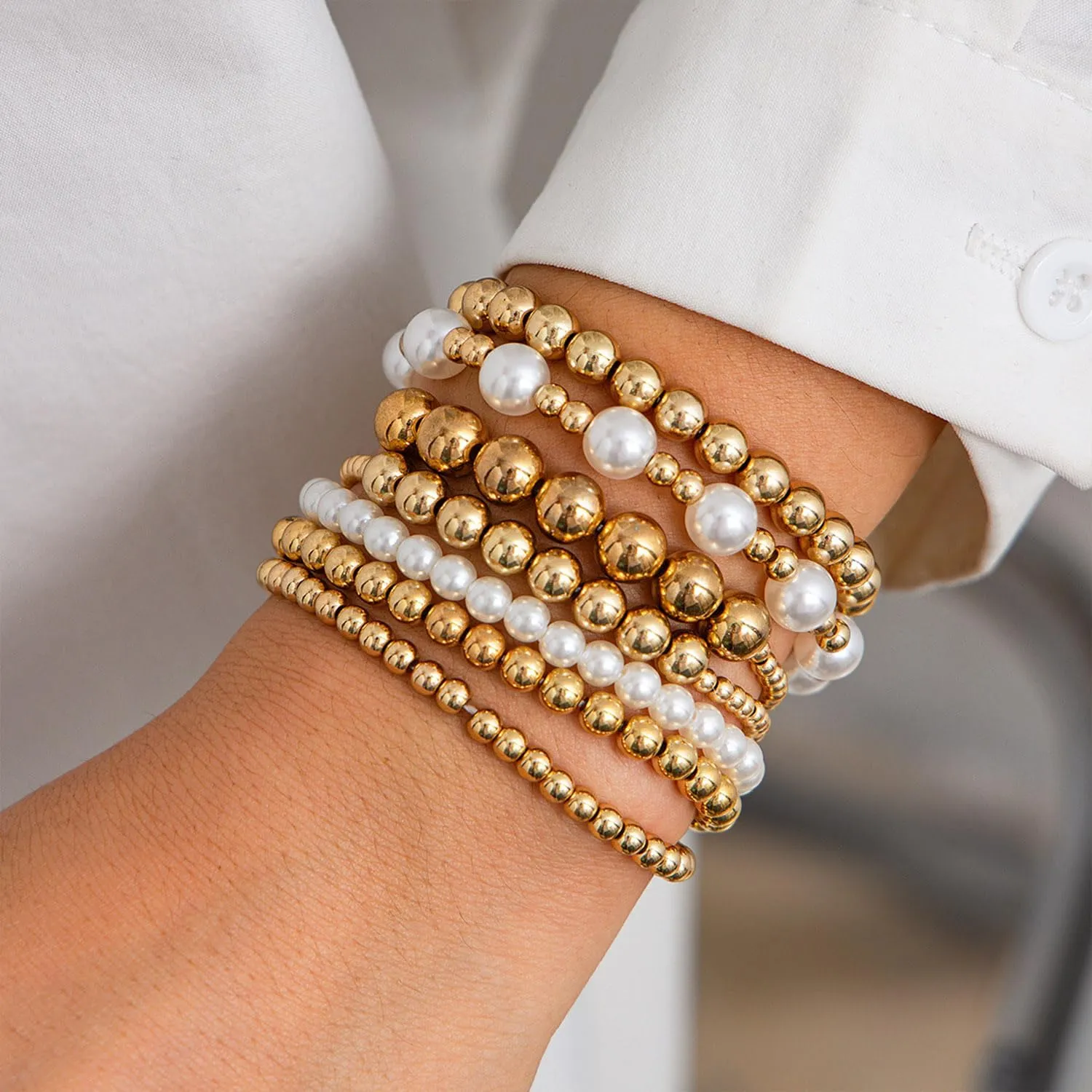 Gold Bracelets for Women Stretch Bead Ball Bracelet Set Stack Strand Beaded Bracelet Non Tarnish Stackable Pearl Ball Bracelets for Women Trendy Gift