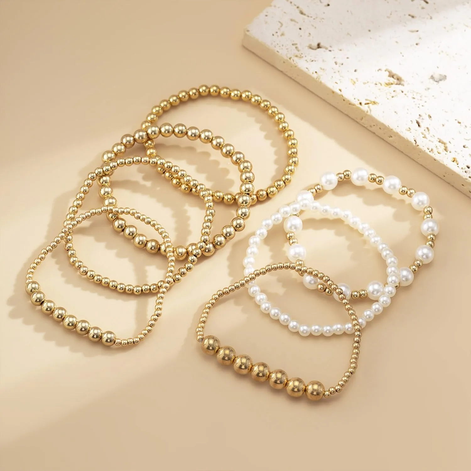 Gold Bracelets for Women Stretch Bead Ball Bracelet Set Stack Strand Beaded Bracelet Non Tarnish Stackable Pearl Ball Bracelets for Women Trendy Gift