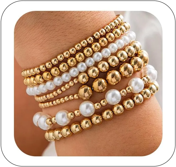 Gold Bracelets for Women Stretch Bead Ball Bracelet Set Stack Strand Beaded Bracelet Non Tarnish Stackable Pearl Ball Bracelets for Women Trendy Gift