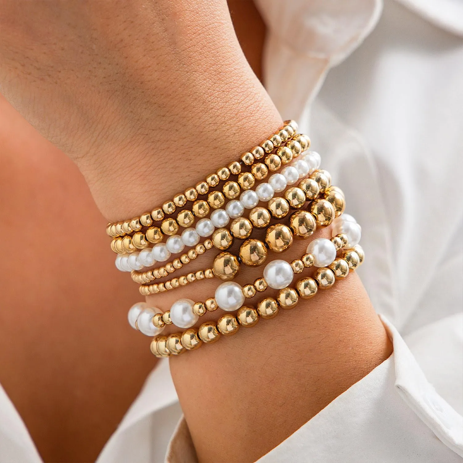 Gold Bracelets for Women Stretch Bead Ball Bracelet Set Stack Strand Beaded Bracelet Non Tarnish Stackable Pearl Ball Bracelets for Women Trendy Gift