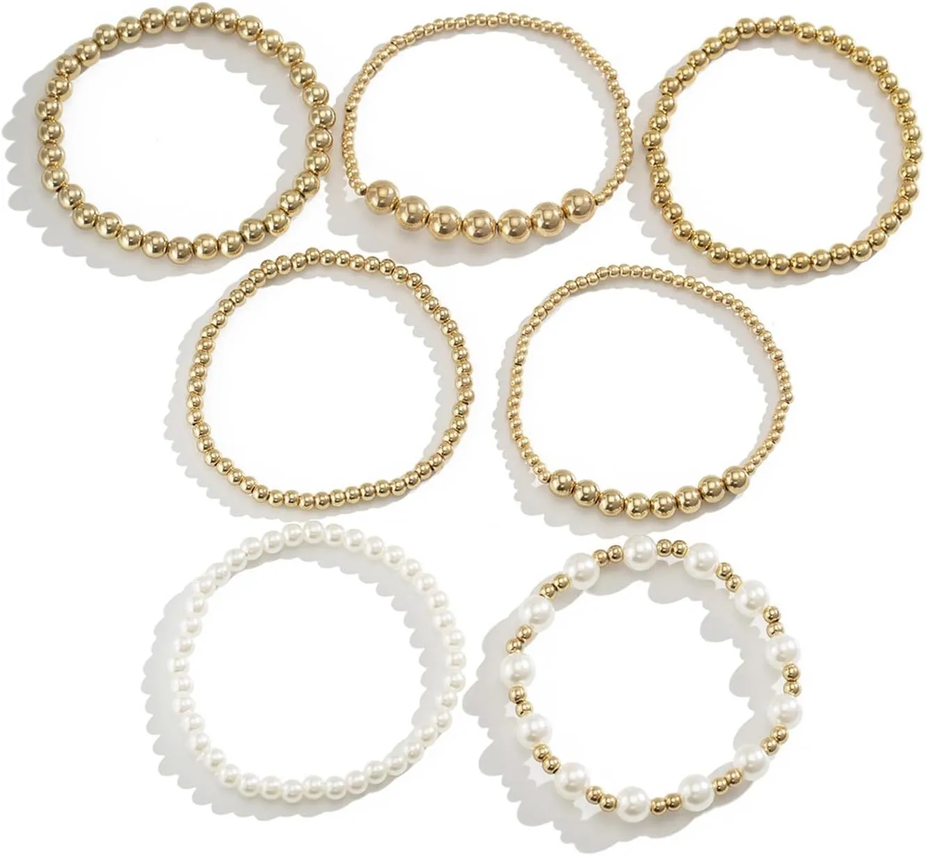 Gold Bracelets for Women Stretch Bead Ball Bracelet Set Stack Strand Beaded Bracelet Non Tarnish Stackable Pearl Ball Bracelets for Women Trendy Gift