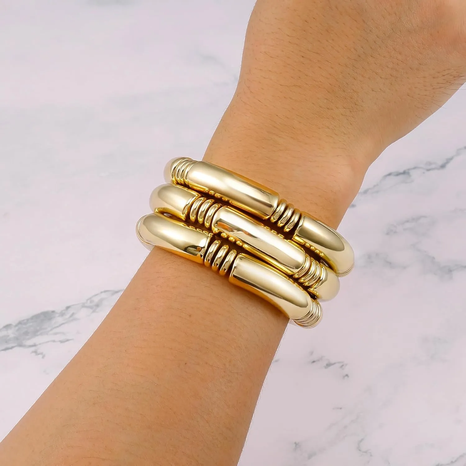 Gold Chunky Bangles Bracelets For Women 14k Gold Plated Stack Layered Curved Bamboo Tube Stretch Bracelets Gift Jewelry
