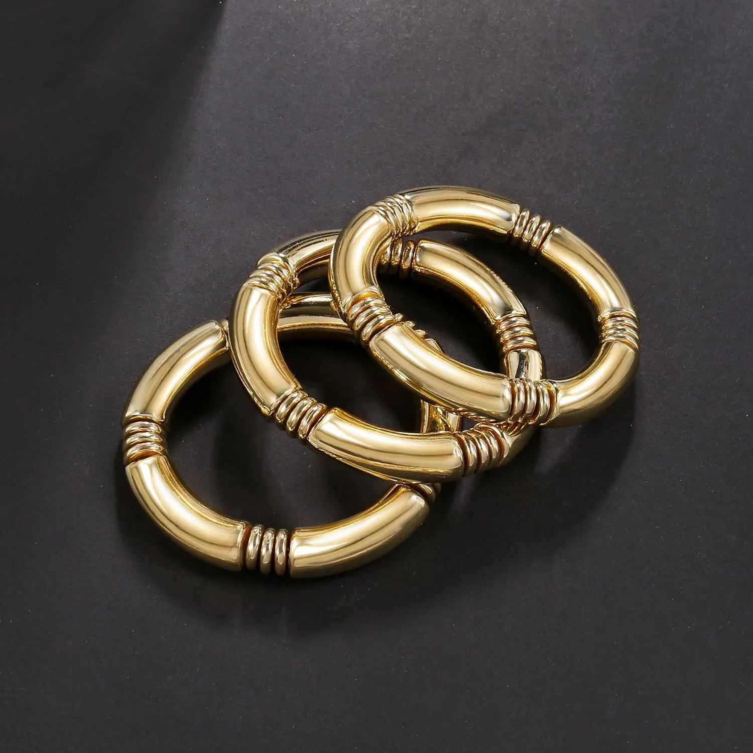 Gold Chunky Bangles Bracelets For Women 14k Gold Plated Stack Layered Curved Bamboo Tube Stretch Bracelets Gift Jewelry