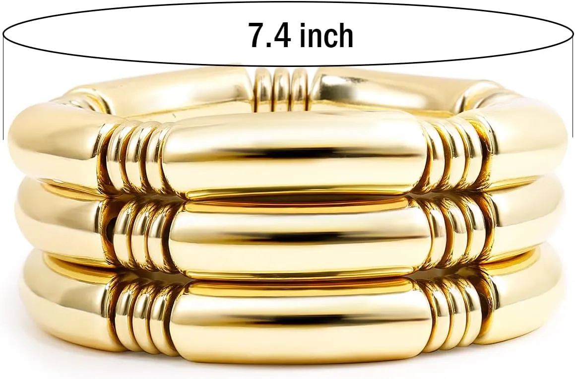Gold Chunky Bangles Bracelets For Women 14k Gold Plated Stack Layered Curved Bamboo Tube Stretch Bracelets Gift Jewelry
